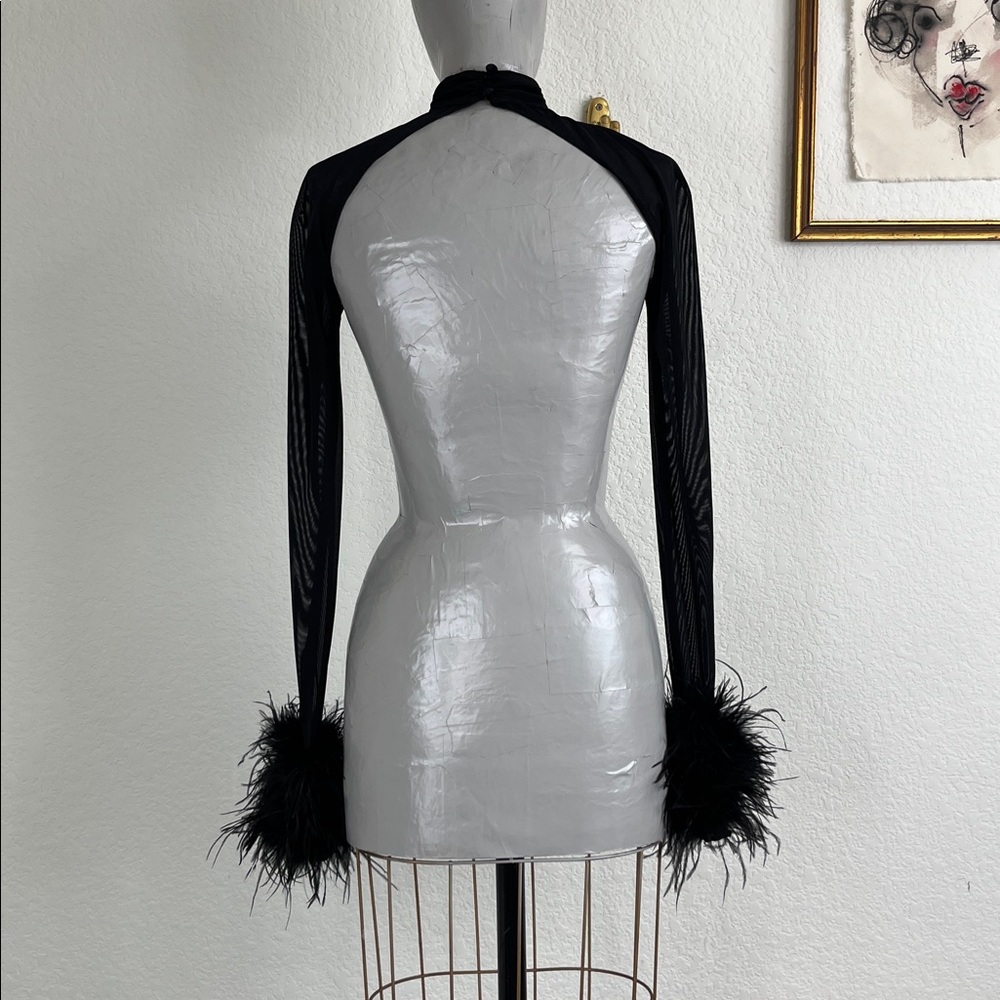 House of CB Thalia Long Sleeve Feather Trim Mesh High Neck Shrug - Picture 8 of 10